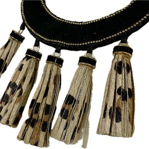 Leopard Genuine Printed Leather Tribal Bib Necklace Collar Fringed Tassels